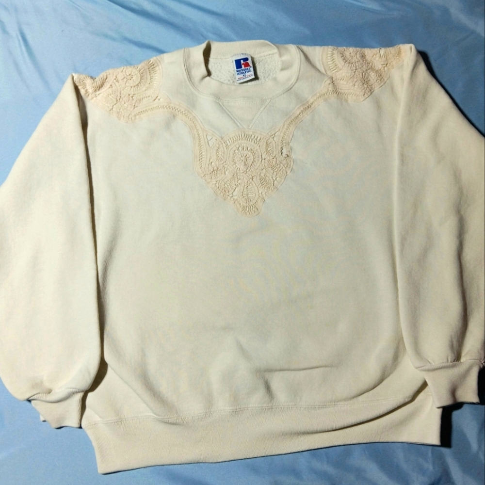 Vintage 1990s 90s Russell Athletic Crewneck Sweatshirt lace women's xl cream
